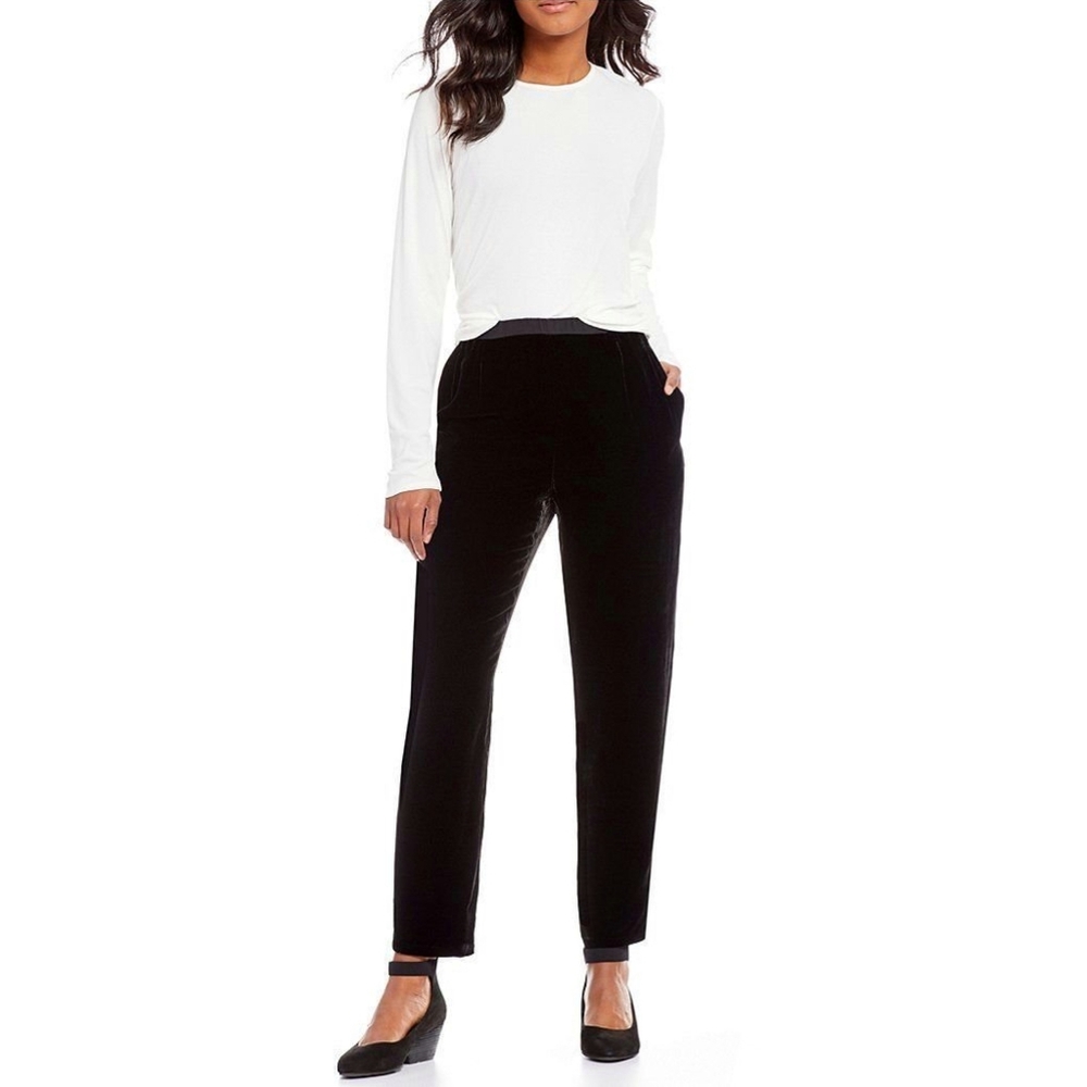 Eileen Fisher Velvet Ankle Pants Tapered Slouchy Size Medium Black